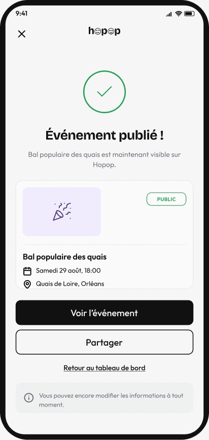 Écran mobile de confirmation après la publication d'un événement, avec le récapitulatif et le bouton voir l'événement