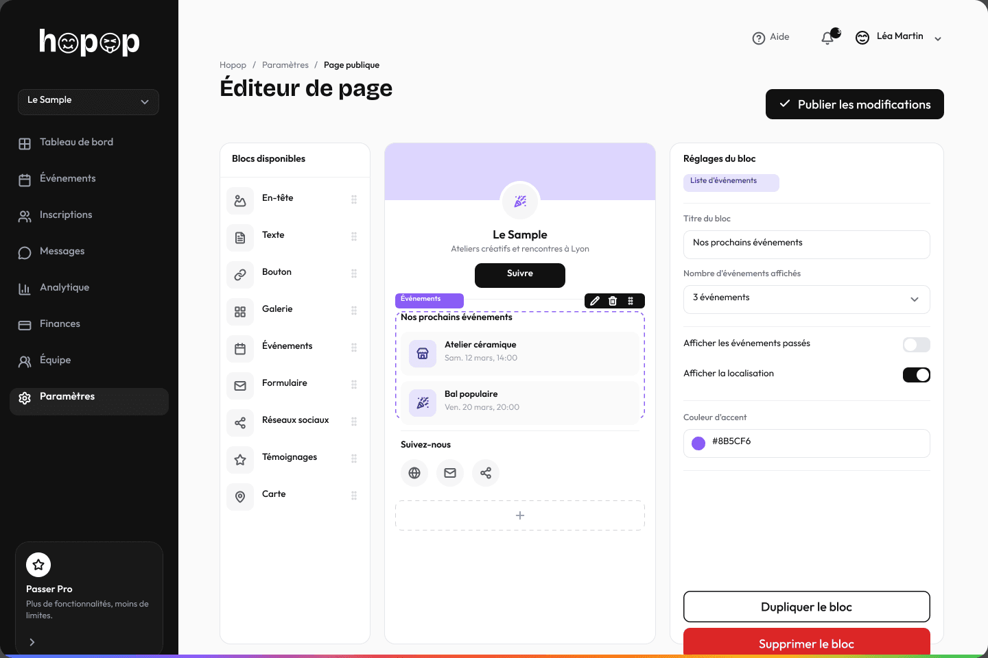 Aperçu de l'éditeur de page Hopop : la structure en blocs d'une page événement et le bouton publier les modifications