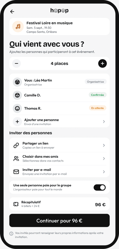 Écran mobile d'invitation des participants à un événement, avec la liste des personnes déjà ajoutées