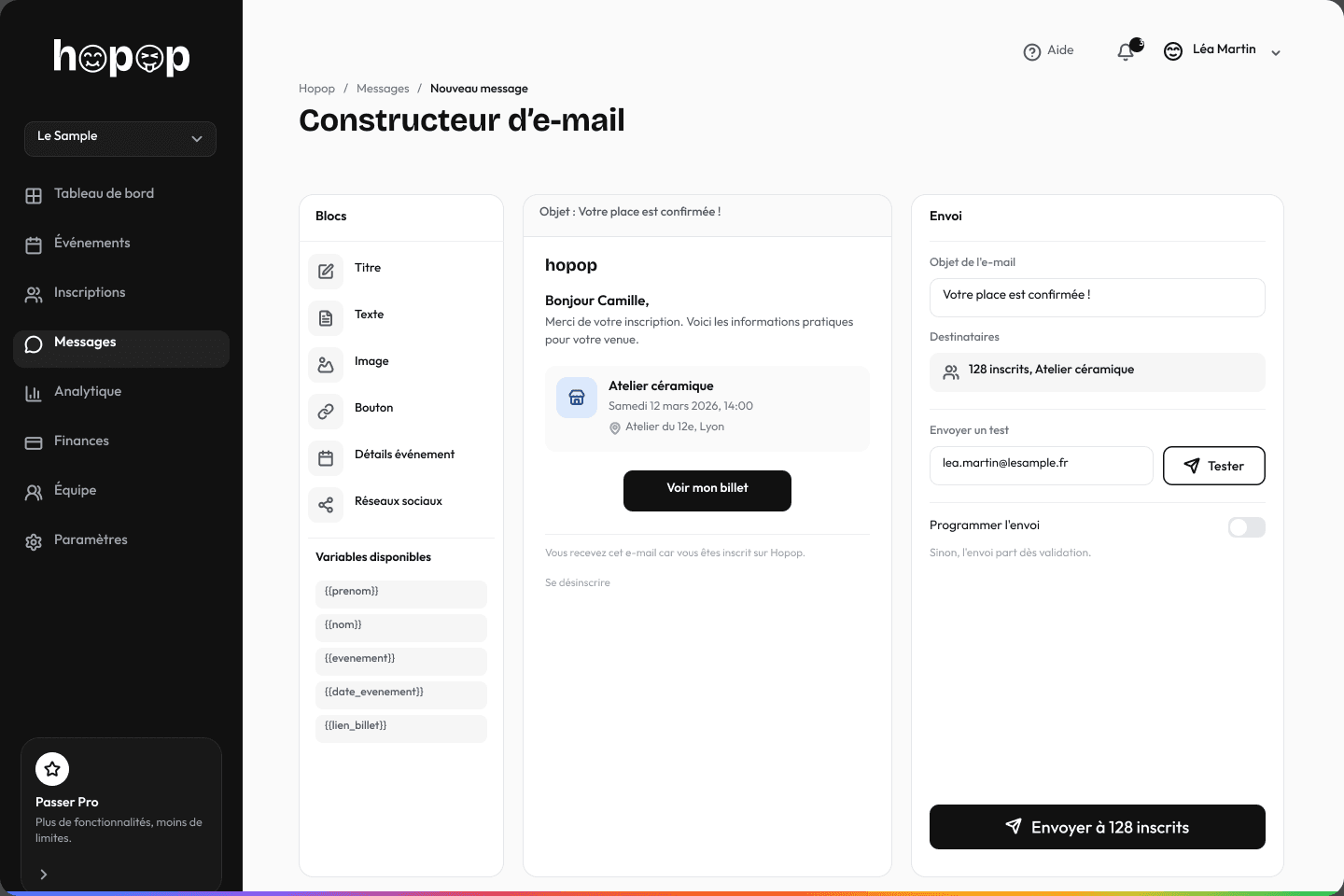 Aperçu du constructeur d'e-mail Hopop, avec les blocs de contenu et les variables disponibles