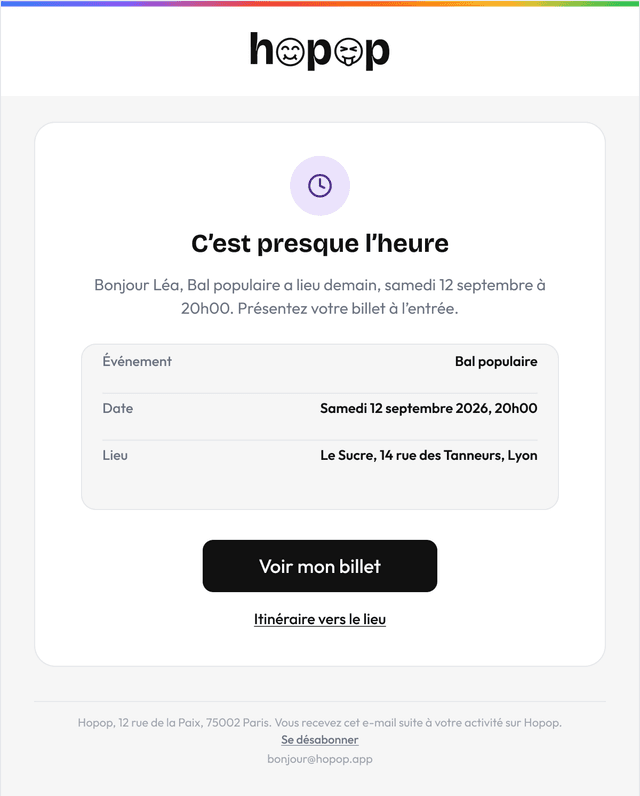 Aperçu d'un e-mail de rappel envoyé automatiquement la veille d'un événement